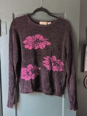Sigrid Olsen Purple Crewneck Sweater with Pink Floral Motif